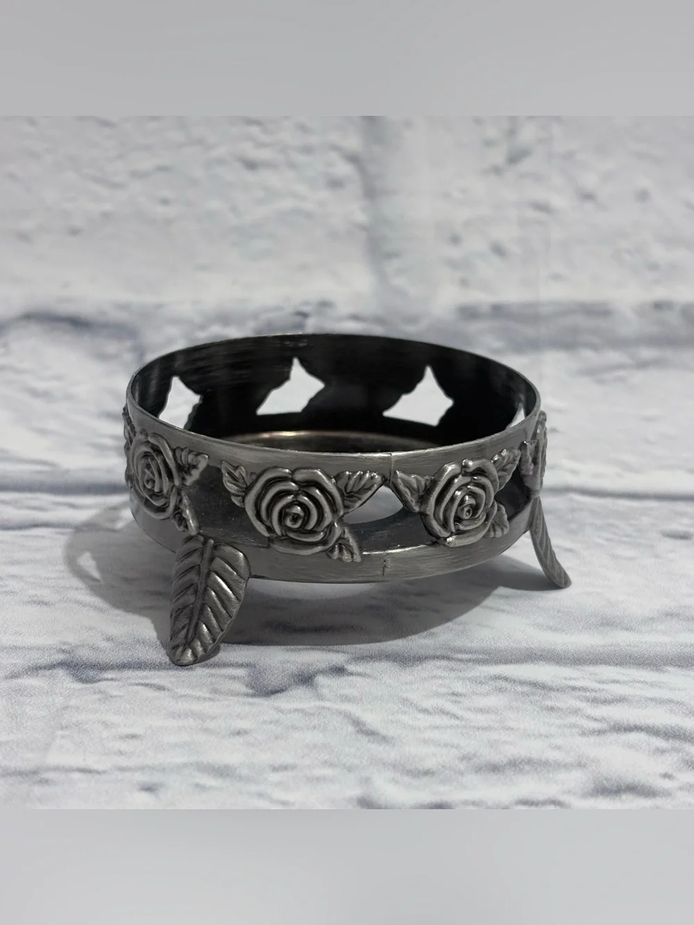 Pewter brushed rose and leaf candle holder base